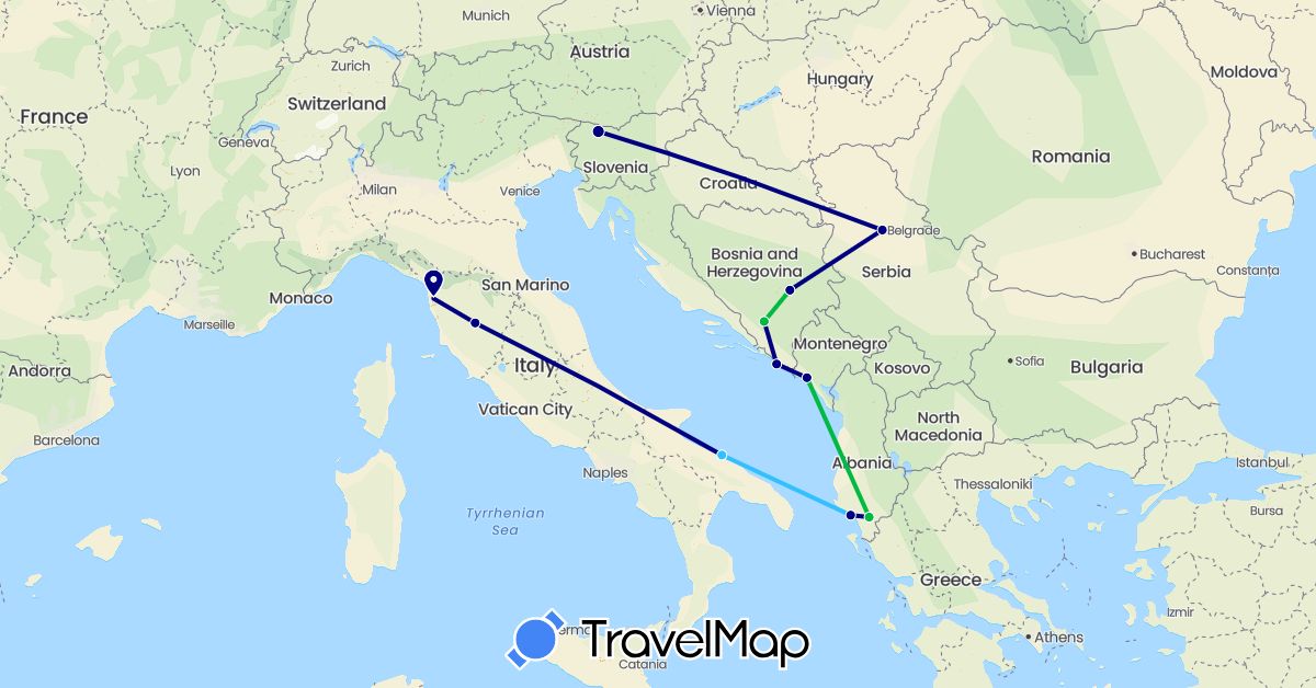 TravelMap itinerary: driving, bus, boat in Albania, Bosnia and Herzegovina, Croatia, Italy, Montenegro, Serbia, Slovenia (Europe)